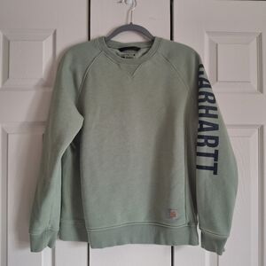 Carhartt Youth L 12-14 Sage Green Sweatshirt with Blue Textured Logo Sleeve